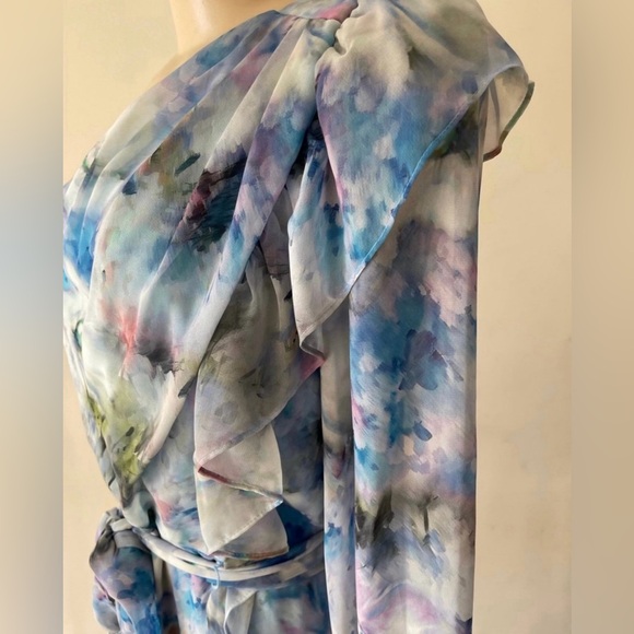 Alex Marie Blue Floral Print One Shoulder Long Sleeve Tie Waist Chiffon Dress - Picture 3 of 5